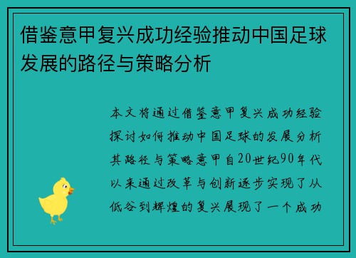 借鉴意甲复兴成功经验推动中国足球发展的路径与策略分析 借鉴意甲复兴成功经验推动中国足球发展的路径与策略分析